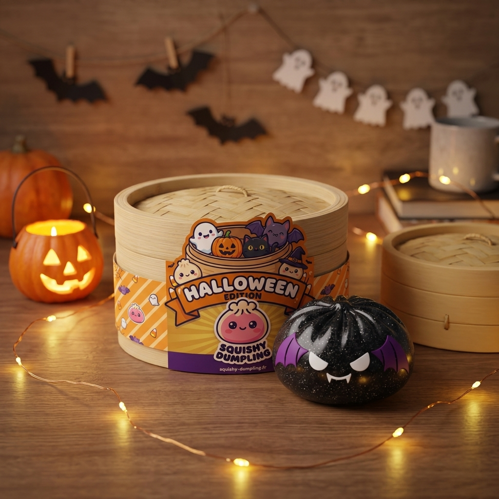 Squishy Dumpling Chauve-souris Halloween Glitter en ambiance sur un bureau