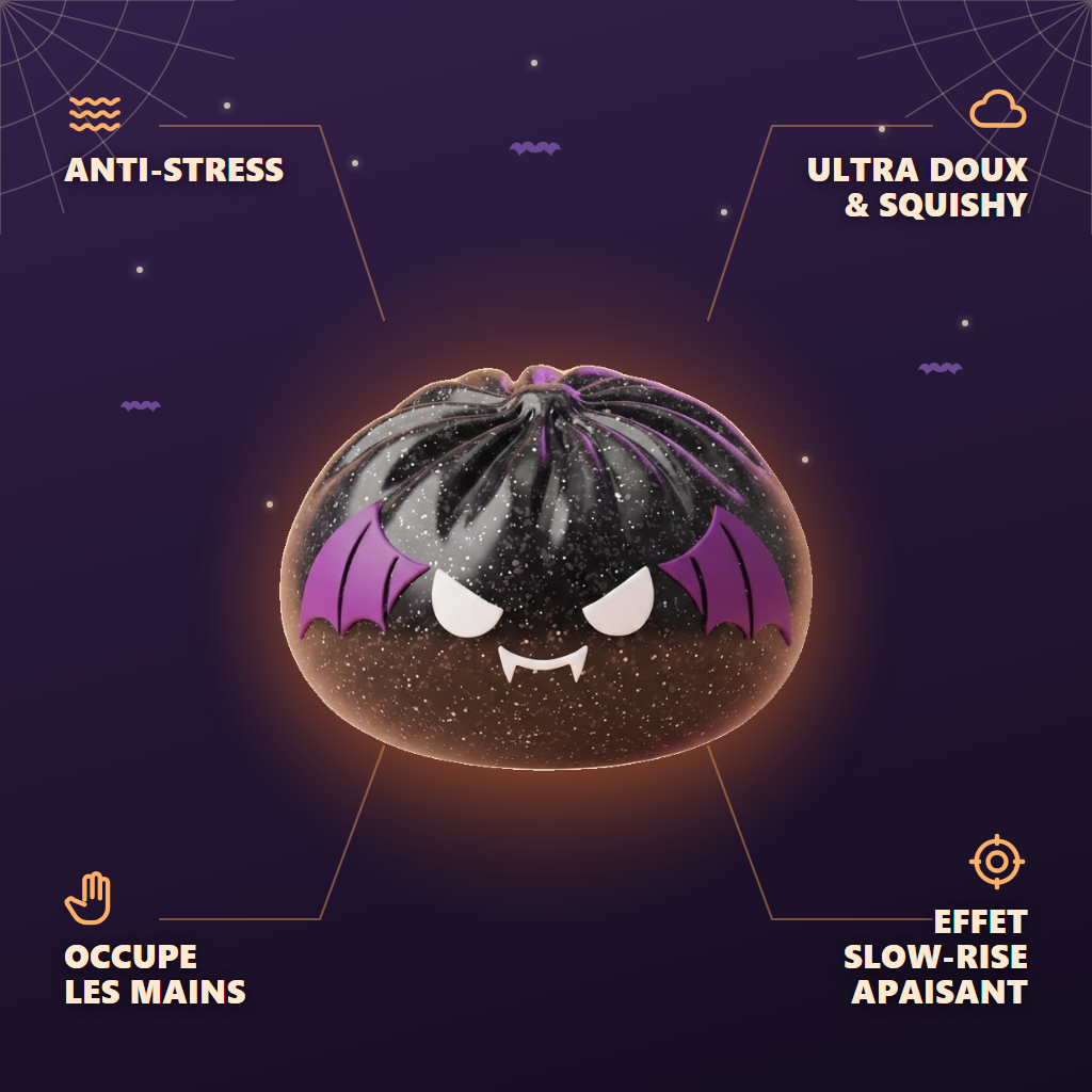 Squishy Dumpling Chauve-souris Halloween Glitter — anti-stress, ultra doux, effet slow-rise