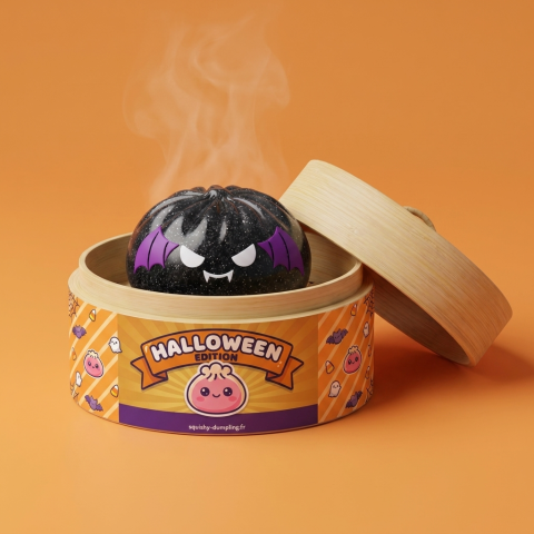 Squishy Dumpling Chauve-souris Halloween Glitter dans sa boîte panier vapeur façon bambou