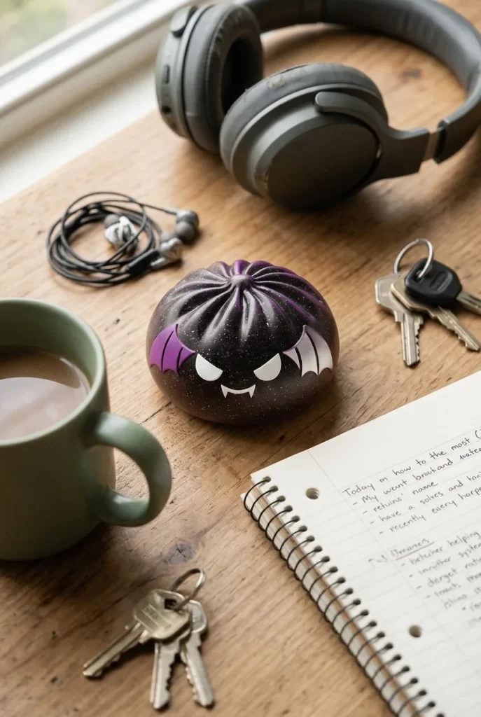 Squishy Dumpling Chauve-souris Halloween Glitter posé sur un bureau, dans le quotidien