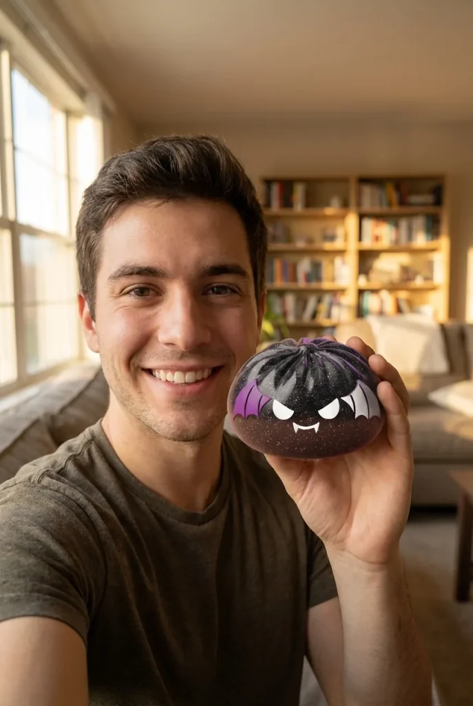 Squishy Dumpling Chauve-souris Halloween Glitter tenu près du visage — photo client