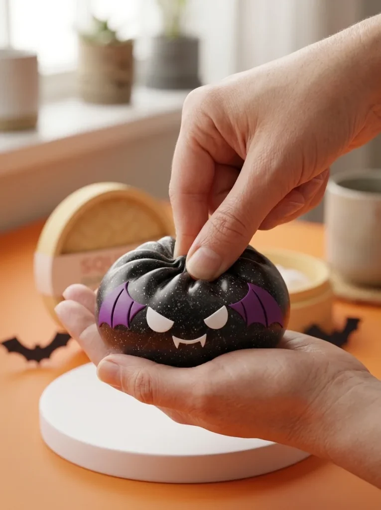 Squishy Dumpling Chauve-souris Halloween Glitter pressé dans la main — effet squishy slow-rise