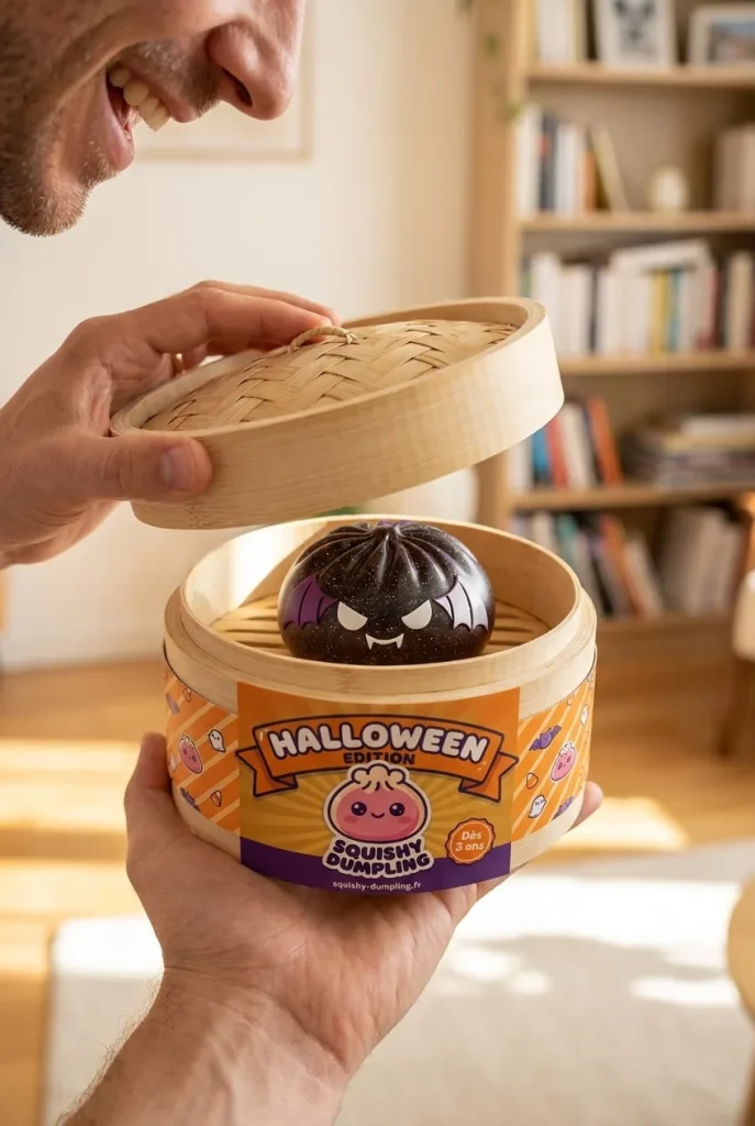 Déballage du Squishy Dumpling Chauve-souris Halloween Glitter — la boîte panier vapeur s'ouvre