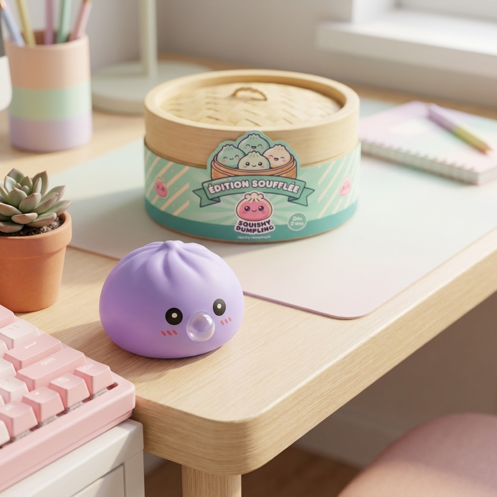 Big Dumpling Squishy Bleu Océan en ambiance sur un bureau