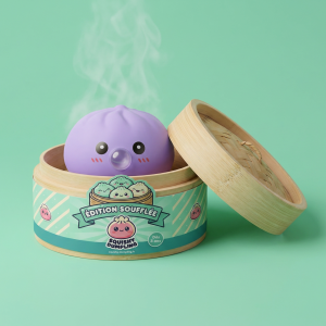 Big Dumpling Squishy Bleu Océan dans sa boîte panier vapeur bambou