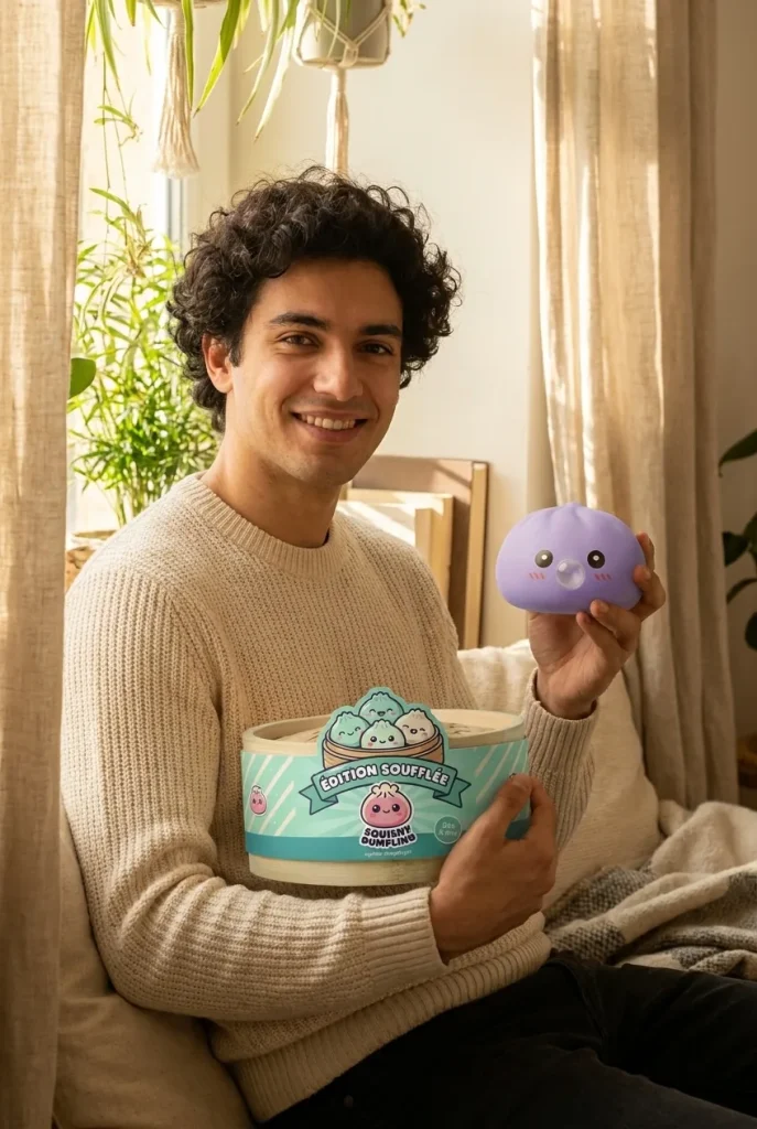 Big Dumpling Squishy Bleu Océan présenté avec sa boîte panier vapeur — photo client