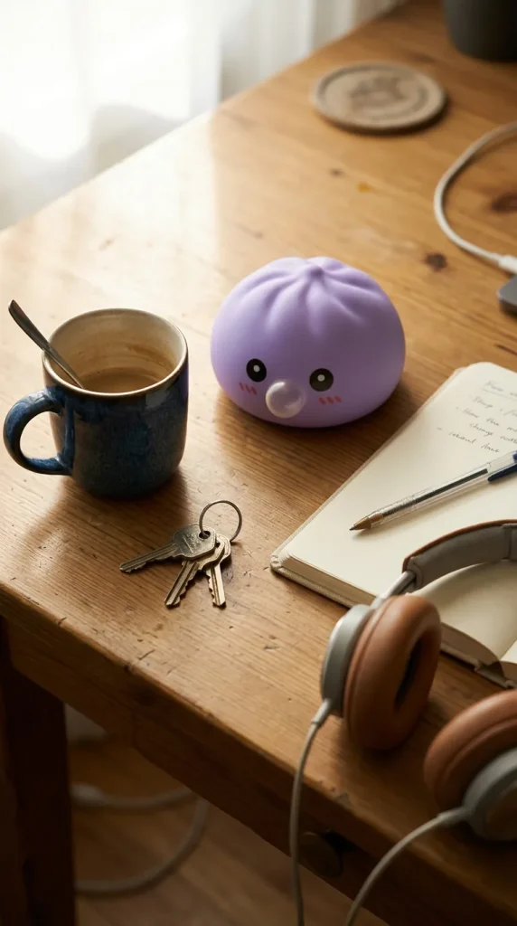 Big Dumpling Squishy Bleu Océan posé sur un bureau, dans le quotidien