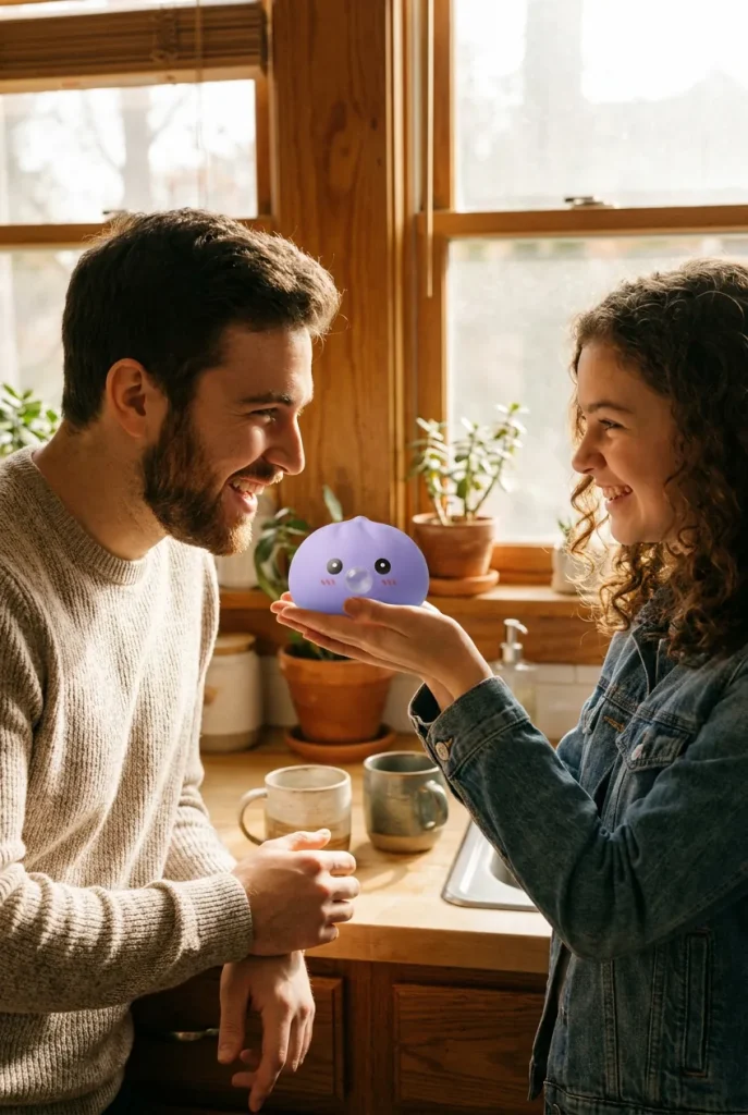 Big Dumpling Squishy Bleu Océan offert en cadeau entre deux personnes