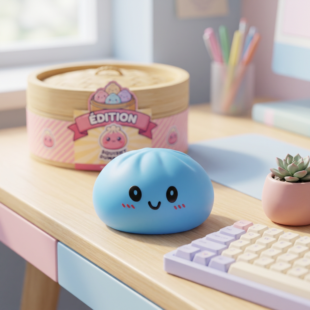 Dumpling Squishy Bleu Océan en ambiance sur un bureau