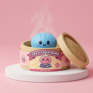 Dumpling Squishy Bleu Océan dans sa boîte panier vapeur bambou