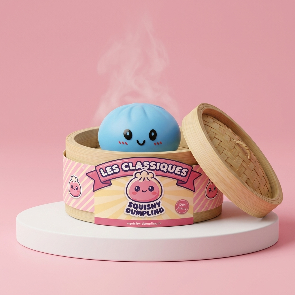 Dumpling Squishy Bleu Océan dans sa boîte panier vapeur bambou