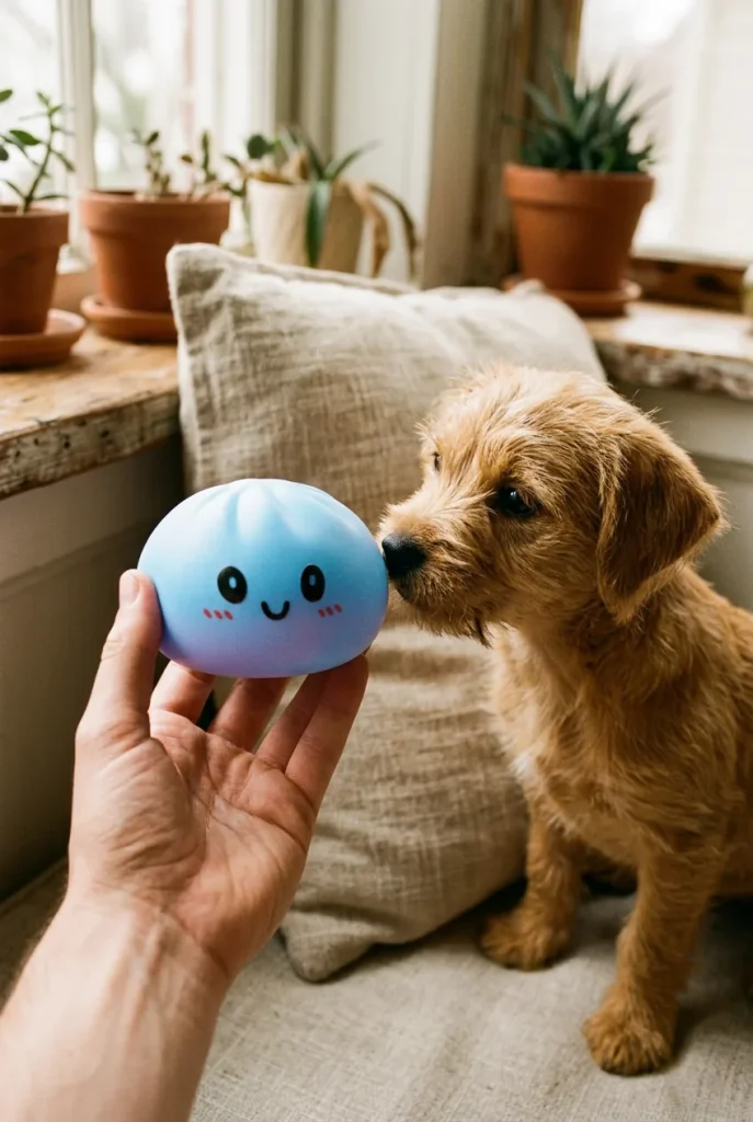 Dumpling Squishy Bleu Océan tenu près d'un animal de compagnie curieux