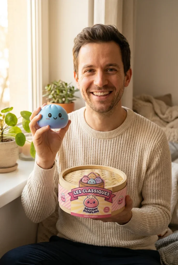 Dumpling Squishy Bleu Océan présenté avec sa boîte panier vapeur — photo client