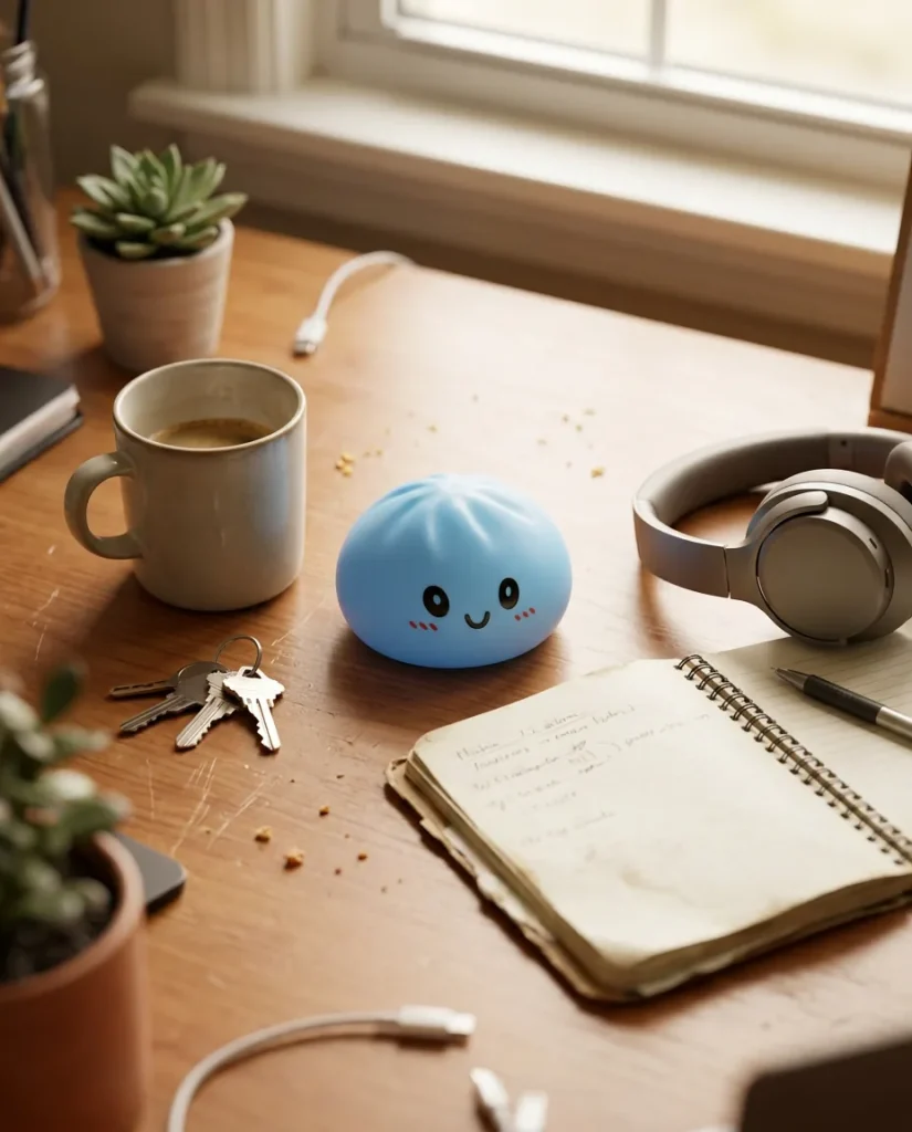 Dumpling Squishy Bleu Océan posé sur un bureau, dans le quotidien