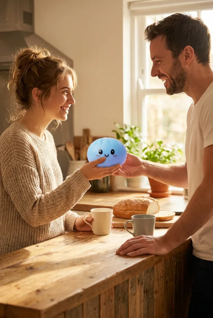 Dumpling Squishy Bleu Océan offert en cadeau entre deux personnes