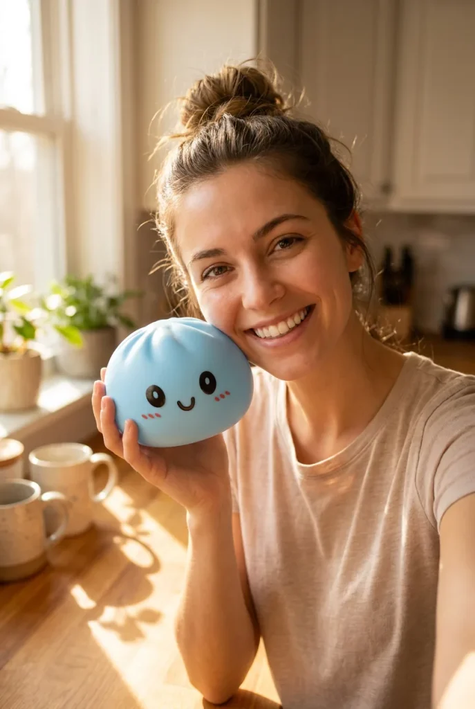 Dumpling Squishy Bleu Océan tenu près du visage — photo client