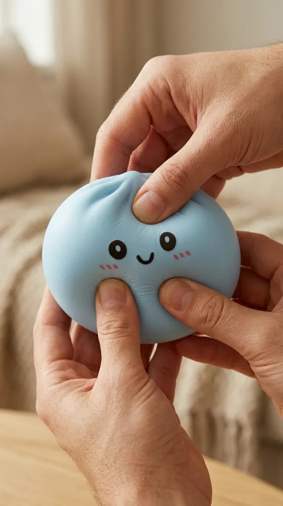 Dumpling Squishy Bleu Océan pressé dans la main — effet squishy slow-rise