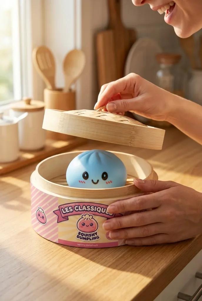 Déballage du Dumpling Squishy Bleu Océan — la boîte panier vapeur s'ouvre