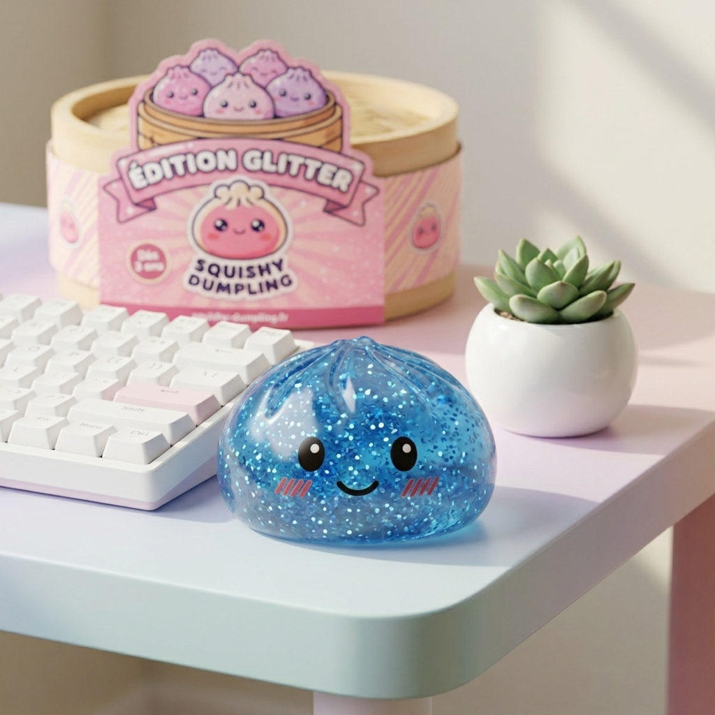 Glitter Dumpling Squishy Bleu Calme en ambiance sur un bureau
