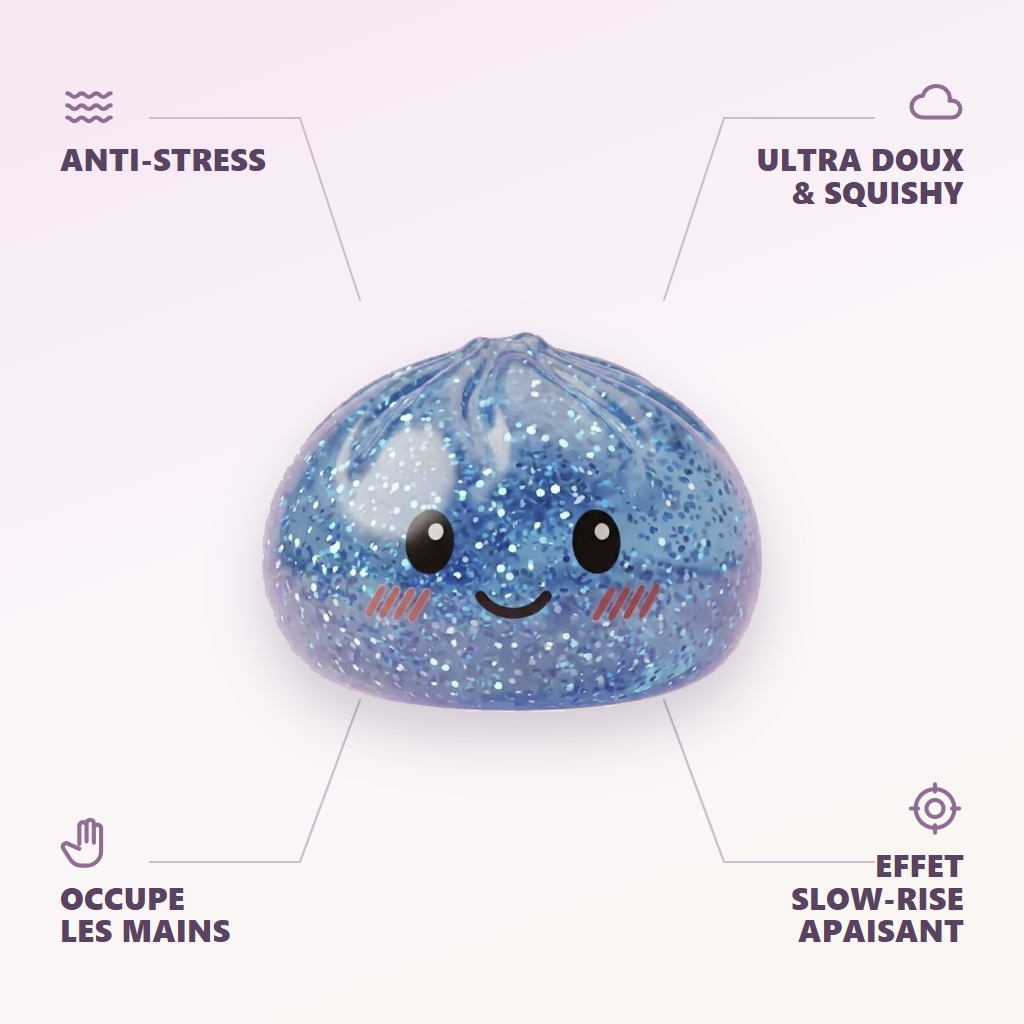 Glitter Dumpling Squishy Bleu Calme — anti-stress, ultra doux, effet slow-rise