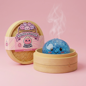 Glitter Dumpling Squishy Bleu Calme dans sa boîte panier vapeur bambou