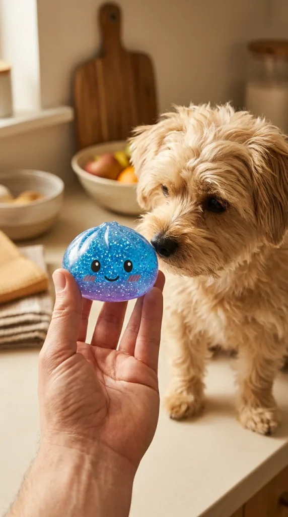 Glitter Dumpling Squishy Bleu Calme tenu près d'un animal de compagnie curieux