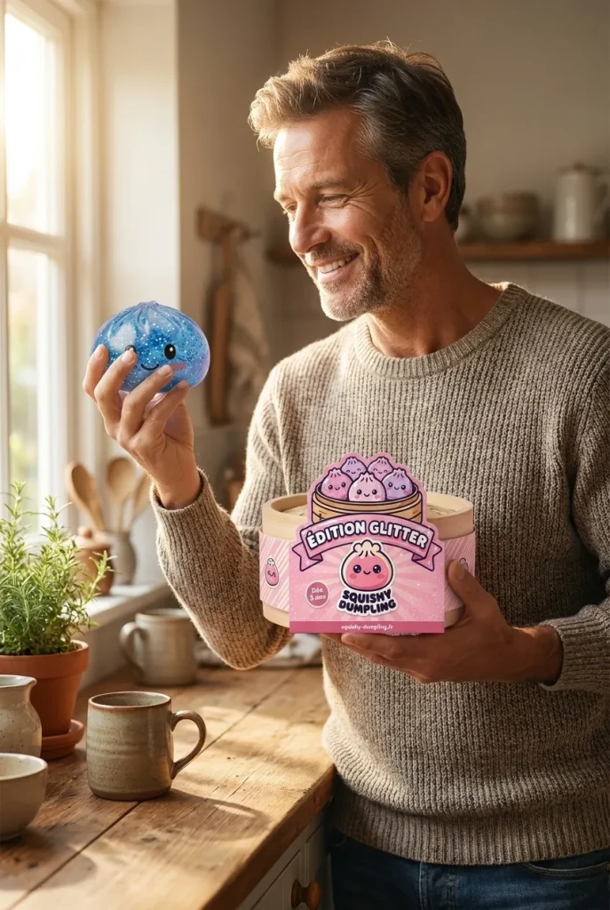 Glitter Dumpling Squishy Bleu Calme présenté avec sa boîte panier vapeur — photo client