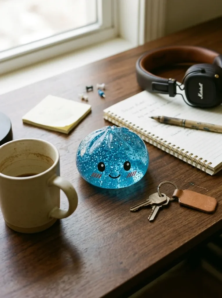 Glitter Dumpling Squishy Bleu Calme posé sur un bureau, dans le quotidien