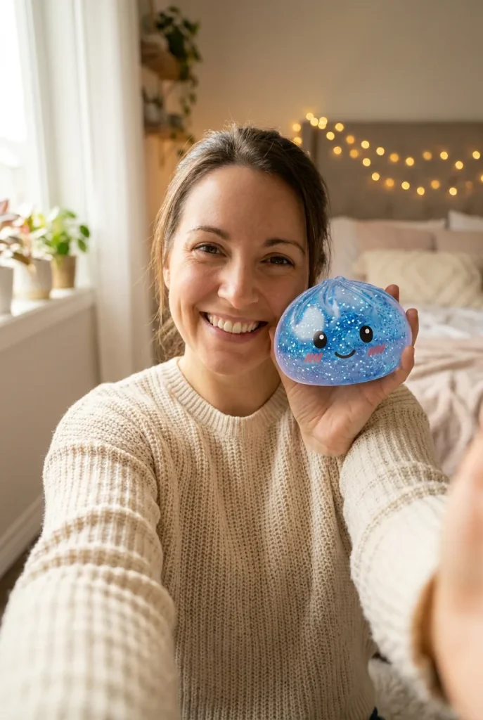Glitter Dumpling Squishy Bleu Calme tenu près du visage — photo client