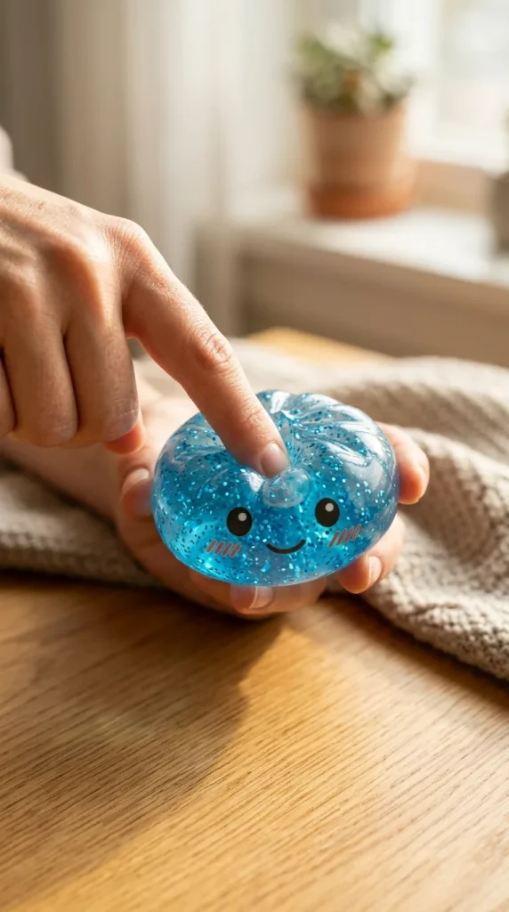 Glitter Dumpling Squishy Bleu Calme pressé dans la main — effet squishy slow-rise
