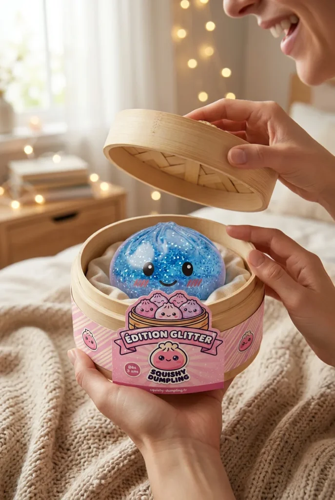 Déballage du Glitter Dumpling Squishy Bleu Calme — la boîte panier vapeur s'ouvre
