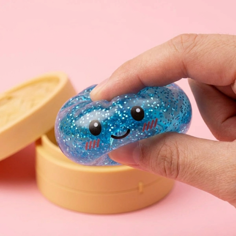 Glitter Dumpling Squishy Bleu Calme — effet slow-rise, la mousse regonfle