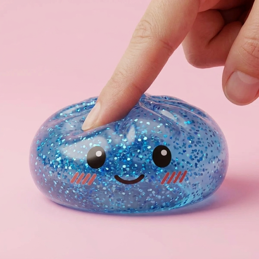 Glitter Dumpling Squishy Bleu Calme pressé dans la main, matière squishy