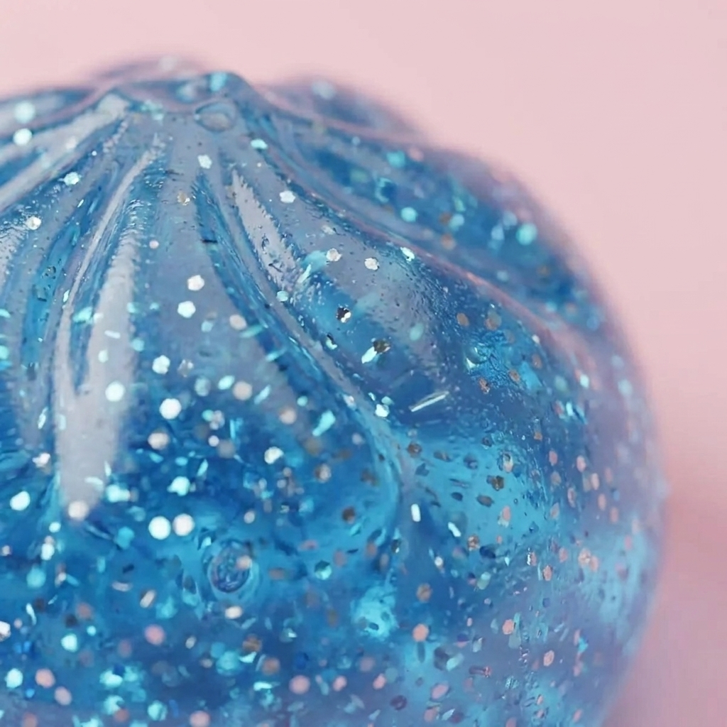 Glitter Dumpling Squishy Bleu Calme — gros plan macro sur la texture