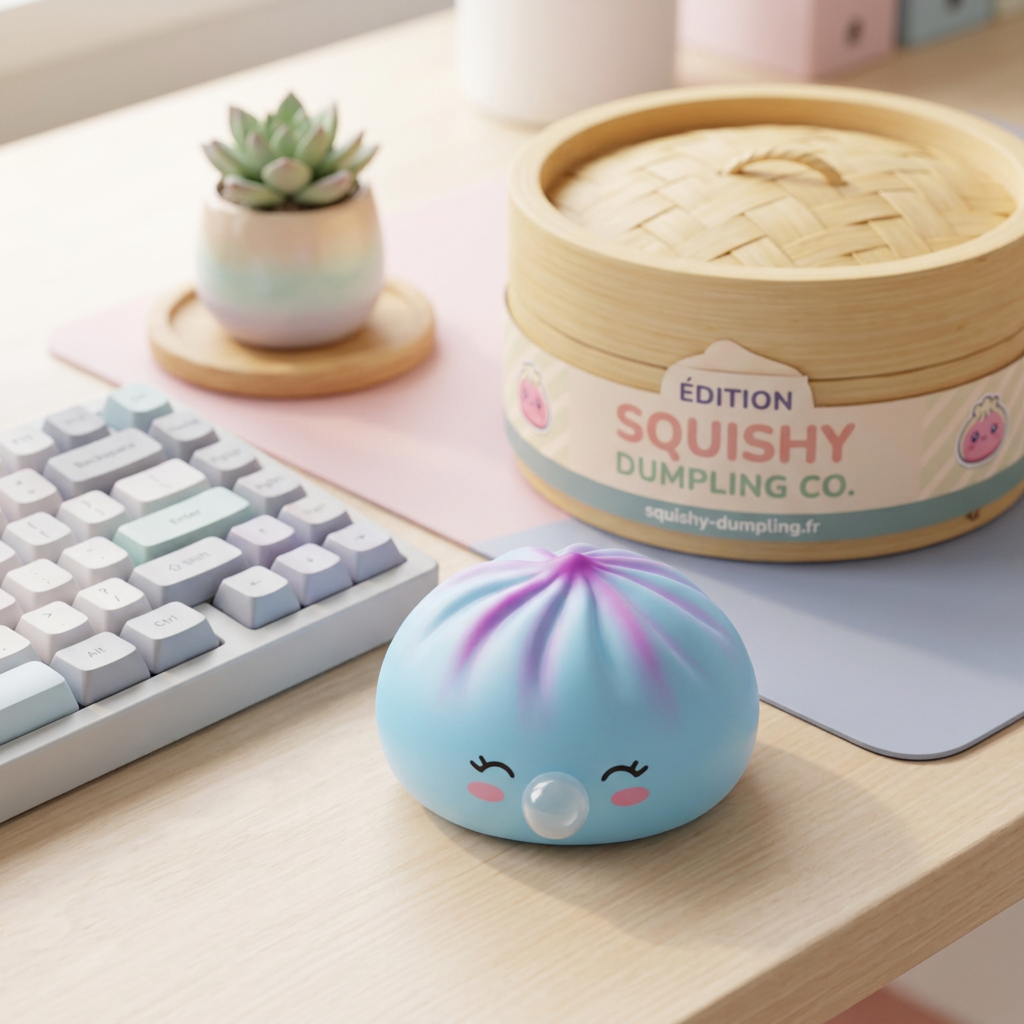 Dumpling Squishy Frost Blue Rare Blow en ambiance sur un bureau