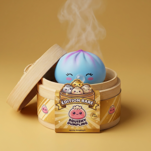 Dumpling Squishy Frost Blue Rare Blow dans sa boîte panier vapeur façon bambou
