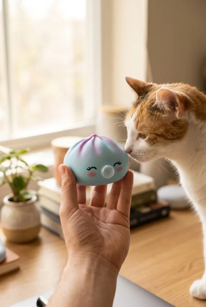 Dumpling Squishy Frost Blue Rare Blow tenu près d'un animal de compagnie curieux