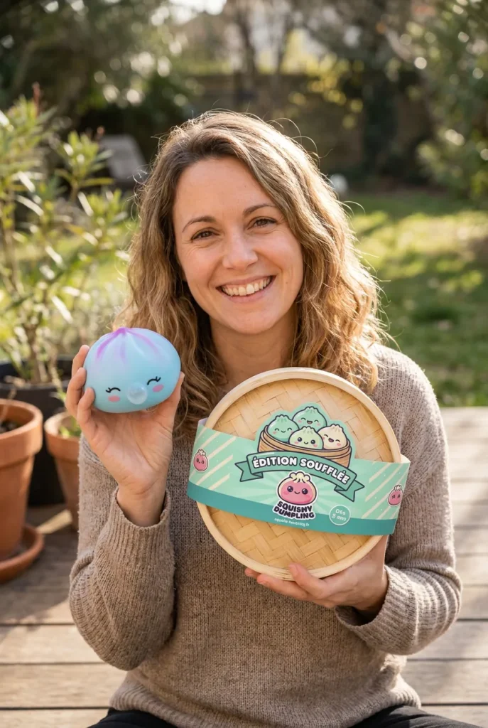 Dumpling Squishy Frost Blue Rare Blow présenté avec sa boîte panier vapeur — photo client