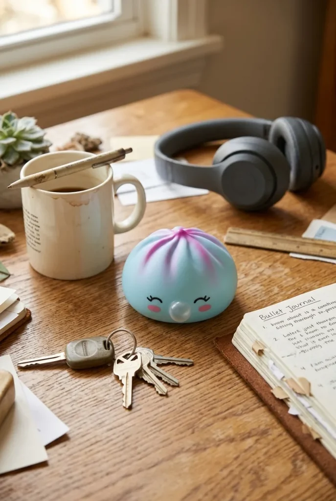 Dumpling Squishy Frost Blue Rare Blow posé sur un bureau, dans le quotidien