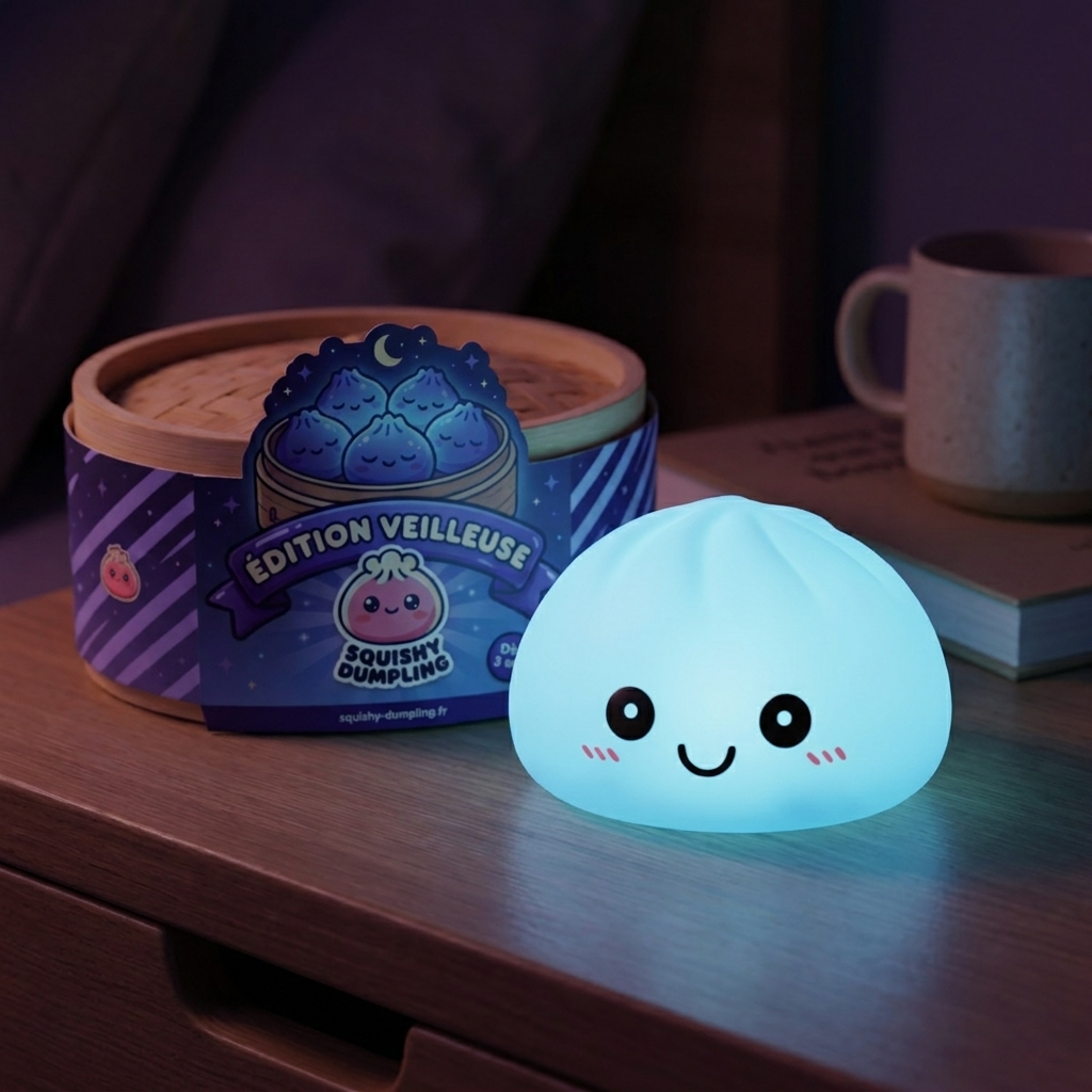 Veilleuse Dumpling Squishy Bleue Aurore en ambiance sur un bureau