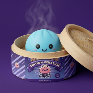 Veilleuse Dumpling Squishy Bleue Aurore dans sa boîte panier vapeur bambou