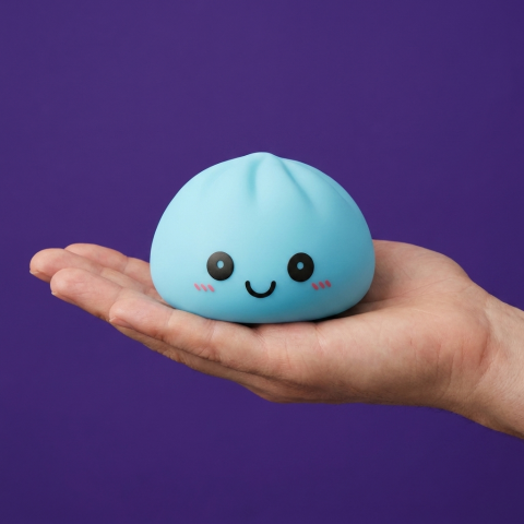 Veilleuse Dumpling Squishy Bleue Aurore tenu en main, taille réelle