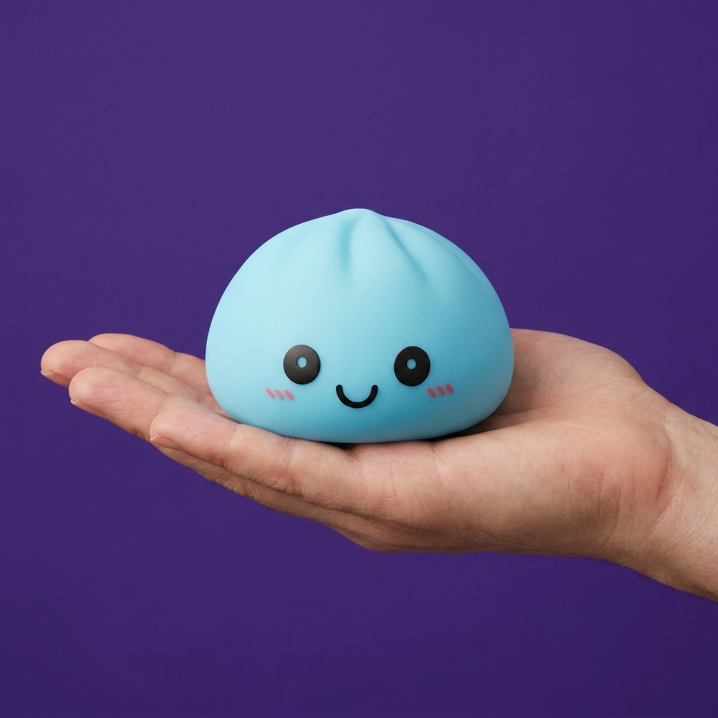 Veilleuse Dumpling Squishy Bleue Aurore tenu en main, taille réelle