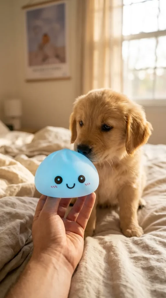 Veilleuse Dumpling Squishy Bleue Aurore tenu près d'un animal de compagnie curieux
