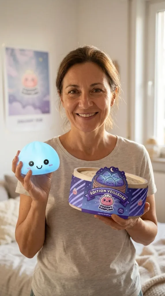 Veilleuse Dumpling Squishy Bleue Aurore présenté avec sa boîte panier vapeur — photo client