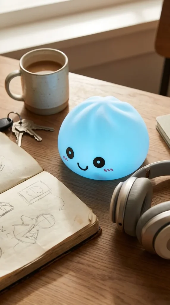 Veilleuse Dumpling Squishy Bleue Aurore posé sur un bureau, dans le quotidien
