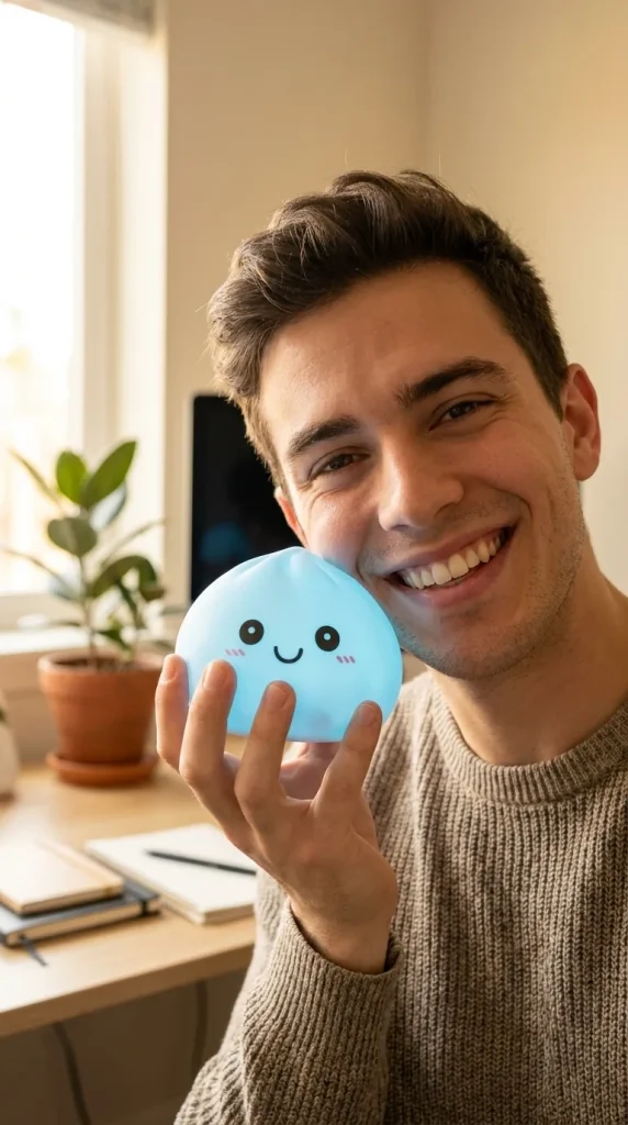 Veilleuse Dumpling Squishy Bleue Aurore tenu près du visage — photo client