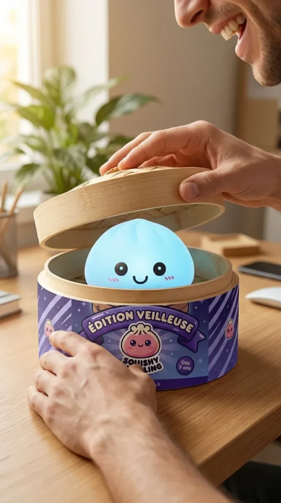 Déballage du Veilleuse Dumpling Squishy Bleue Aurore — la boîte panier vapeur s'ouvre