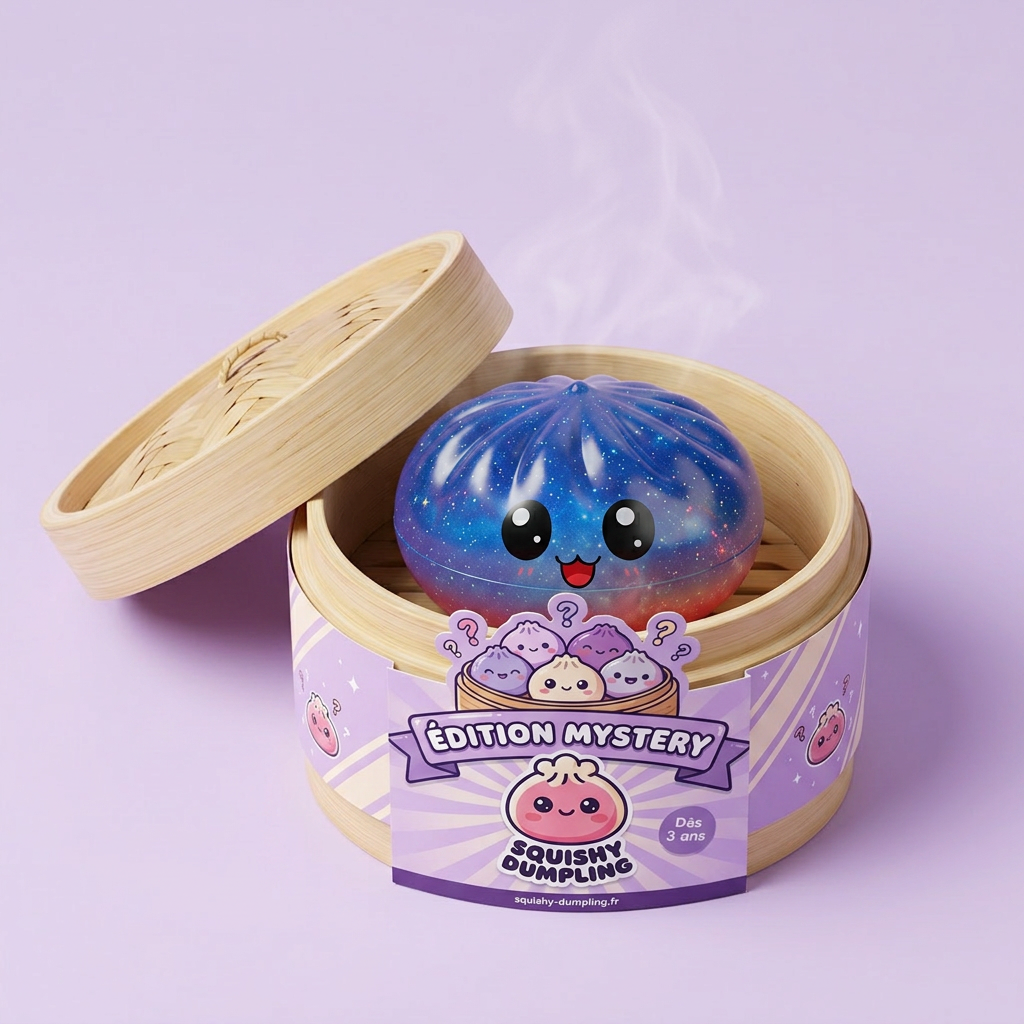 Mystery Dumpling Squishy Charmant Adorable dans sa boîte panier vapeur bambou
