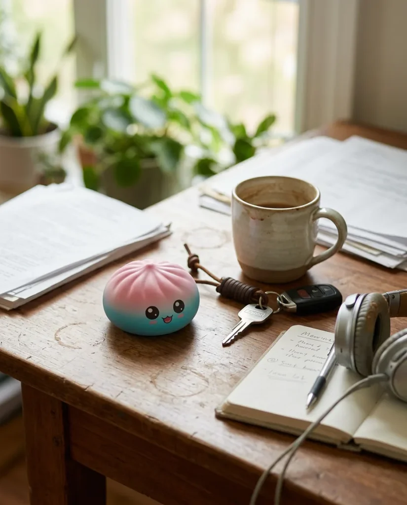 Mystery Dumpling Squishy Charmant Adorable posé sur un bureau, dans le quotidien